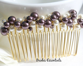 Wedding Pearl Hair Comb, Bridal Comb, Wedding Hairpiece, Swarovski, Gold Burgundy Pearl, Fall Color, Veil Attachment Comb Pearl Hair Comb