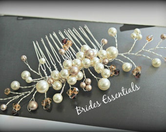 Floral Vine Comb, Ivory White Gold Bridal Hair Comb, Hair Accessories, Bridal Crystal Hair Piece, Bridesmaid Comb, Fall Wedding Hair Comb