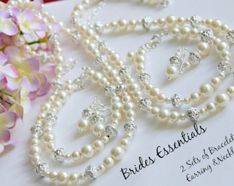 2 Set of Bridesmaid Necklace Bracelet Earrings Jewelry Set, Rhinestone Ball, Swarovski Ivory White Pearl, Wedding Necklace, Bridal Accessory