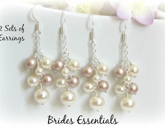 2 Set of Bridesmaid Earring, Bridal Pearls Earring, Wedding Earring, Swarovski White Gold Pearl, Silver Plated Earring, Bridal Pearl Jewelry