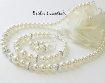 Wedding Necklace Bracelets Earrings Set, Bridal Jewelry Set, Swarovski Pearl, Silver White Pearl, Bridesmaid Gift Set, Mother of the Bride