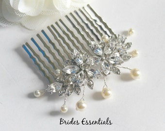Crystal Rhinestone Comb, Wedding Hair Comb, Wedding Pearl Flower Hair Comb, Bridal Head Piece, Bridal Vintage Hair Comb, Ivory White Pearl