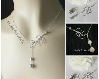 3 Bridesmaid Necklace Earring Set, Lariat Necklace, Leaf Branch Necklace, Sterling Silver, Bridal Jewelry, Bridesmaid Gift, Bridal Shower