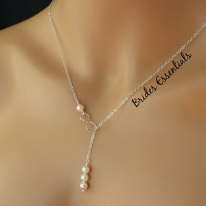Sterling Silver Infinity Necklace, Infinity Charm Lariat Necklace, Bridal Jewelry, Birthstone, Bridesmaid Necklace, Bridal Pearl Jewelry