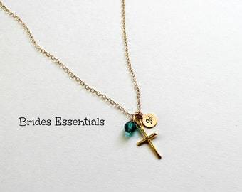 Cross and Initials Chain, Birthstone Crystals, Baptism Necklace, Sterling Silver Necklace, First Holy Communion Necklace, Religious Jewelry
