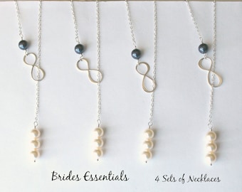 4 sets of Necklace, Lariat Necklace, Infinity Chain Necklace, Friends Forever Charm, Sterling Silver, Bridesmaid Birthstone Jewelry Set