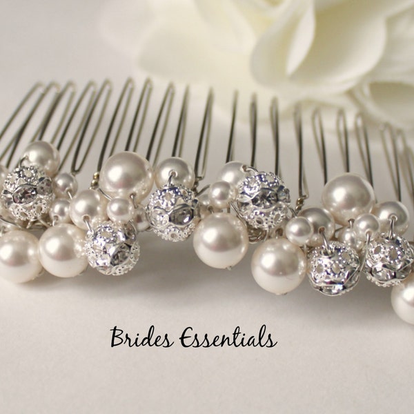 Wedding Pearl Hair Comb, Bridal Pearl Comb, Wedding Hairpiece, Swarovski Pearl, Beaded Champagne Comb, Veil Attachment Comb, Bridesmaid Comb