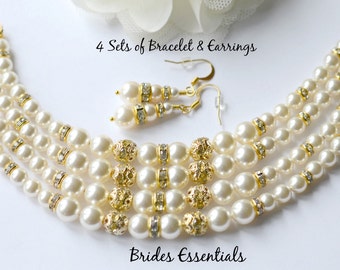 4 Sets of Bridesmaid Bracelets Earrings, Bridesmaid Pearl Bracelet, Bridal Party Gift, Ivory Cream Rose Gold Bracelet, Wedding Shower Gift