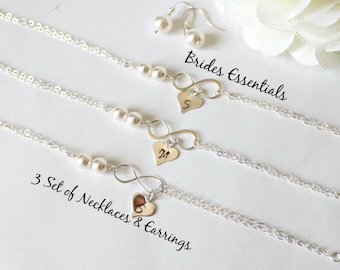 3 set of Double Chain Infinity Bridesmaid Bracelets and Earring Set, Friends Forever initial Bracelet, Sterling Silver, Delicate Chain