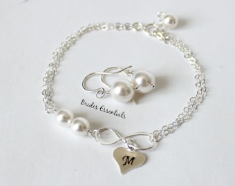 Double Chain Infinity Bracelets and Earring Set, Friends Forever initial Bracelet, Sterling Silver, Delicate Chain Bridesmaid Pearl Bracelet