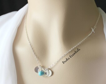 Sterling Silver Side Cross Necklace, Ingraved Initial Monogram, Birthstone Necklace, Horizontal Cross Chain, Baptism Gift, Religious Jewelry