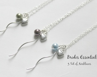 3 Sets of Necklace,Sterling Silver, Chain Necklace, Swarovski Birthstone Necklace, Vertical Bar, Tiny Heart Charm, Bridesmaid Wedding Gifts
