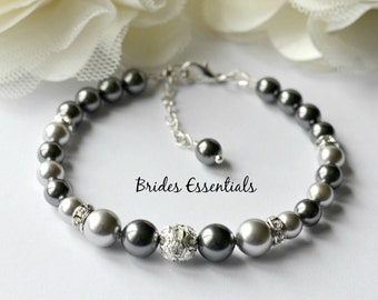 Bridal Pearl Bracelet, Bridesmaid Bracelet, Wedding Gift, Bridal Gift Set, Grey Swarovski Pearl, Mother of the Bride Jewelry, Christmas Gift