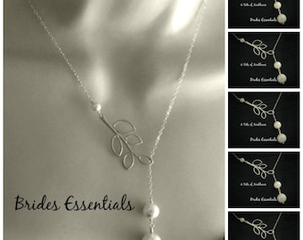 6 Lariat Necklace, Leaf Branch Necklace, Sterling Silver, Ivory White Drop Pearl, Bridal Jewelry, Bridesmaid Necklace Birthday Bridal Shower