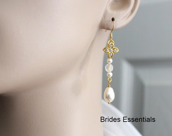 Dangle Pearl Earring, Bridal Jewelry, Crystal Earring, Ivory Gold Pearl Earrings, Earring with Flower, Bridesmaid Earring Gift, Gold Jewelry