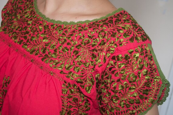 Watermelon cotton blouse with dark chartreuse embroidery | Etsy