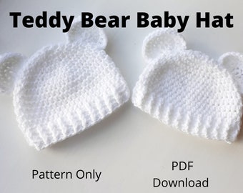 CROCHET PATTERN - Teddy Bear Baby Hat Pattern, Preemie hat, Newborn Hat, 0-3 months hat, 3-6 months hat, DK, Digital Pdf, Uk Terminology