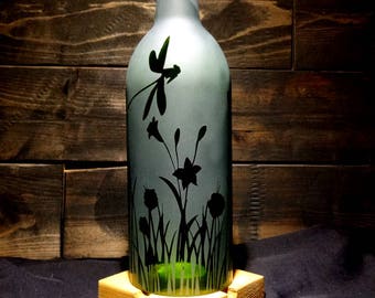 Dragonfly Art Etched Recycled Wine Bottle Candle Shade Decor Hurricane Lamp Flower Repurposed