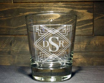 Personalized Etched Monogram Rocks Glass, Art Deco Style, Custom Whiskey Glass, Double Old Fashioned