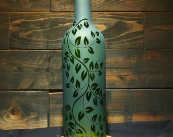 Recycled Wine Bottle Hurricane Candle Shade Etched with Falling Leaf Vine Design