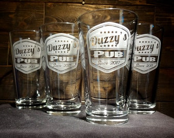 Custom Pint Glasses with Retro Style Pub Label Etched Glass Beer Glasses Set of 4 Personalized Man Cave Glasses Home Bar Personalized Gift