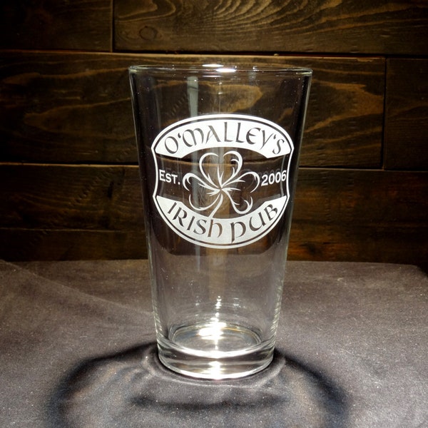 Custom Irish Pub Etched Pint Glass, Personalized Shamrock Bar Sign Man Cave Gift Beer St Patrick Paddy