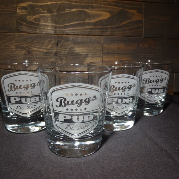 Custom Whiskey Glasses with Retro Style Pub Label Etched Glass Rocks Glasses Personalized Man Cave Glasses Home Bar Personalized Gift