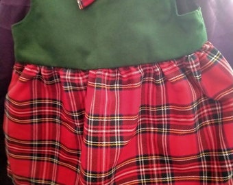 Handmade red tartan and green pinafore dress to fit age 3 months