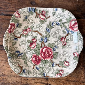 May include: A square ceramic serving plate with rounded corners and side handles, featuring a cream-colored background with a dense pattern of pink roses, small blue flowers, green leaves, and brown stems, accented by a fine black stippled texture.