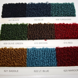 May include: A color chart with nine fabric swatches. The swatches are labeled with numbers and names, including black, blue, turquoise, olive green, brown, red, saddle, light blue, and maroon.