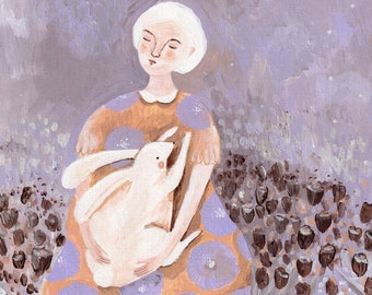 Fille avec lapin blanc, impression d'art