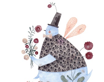 Taubenherr mit Blumen, Art Print