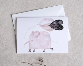 Elephant on roller skates with balloons, folding card with envelope