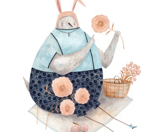 Dove with rabbit ears and flowers, art print