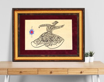Original Islamic Handmade Calligraphy Islamic Gift Islamic Art Arabic Wall Art Calligraphy Islamic in Whirling Dervish Design A 3 0900039