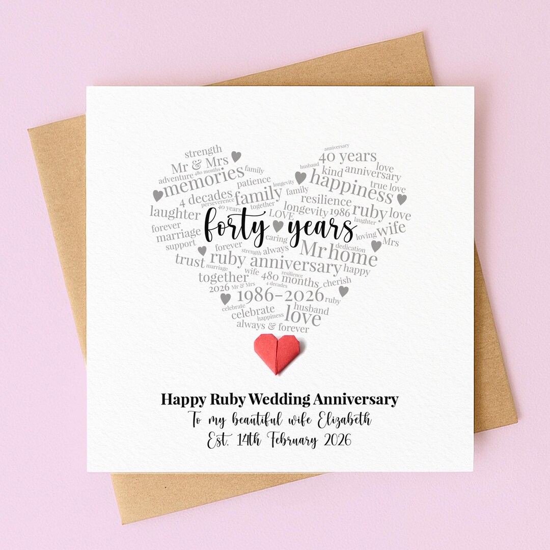 Personalised 40th Anniversary Card, Ruby Heart, for Husband Wife - Etsy UK