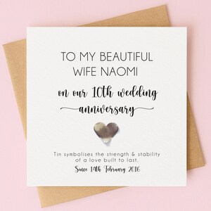 Carte personnalisée 10e anniversaire avec coeur en étain pour mari, femme, couple