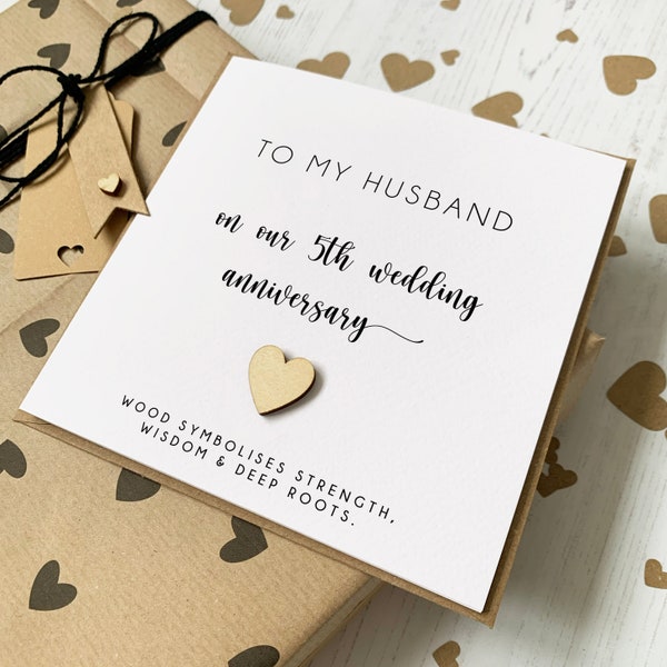 Personalised 5th Anniversary Card With Wooden Heart - for Husband or Wife