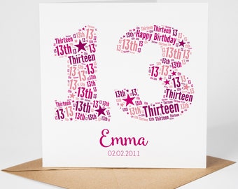 Personalised 13th Birthday Card for Her - Girl, Daughter, Niece, Granddaughter, Goddaughter, Sister, Best Friend, Thirteen