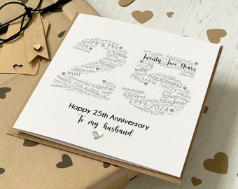 Personalised 25th Wedding Anniversary Card With Silver Heart for Husband, Wife, Couple, Parents, Mum and Dad, 25 Years,