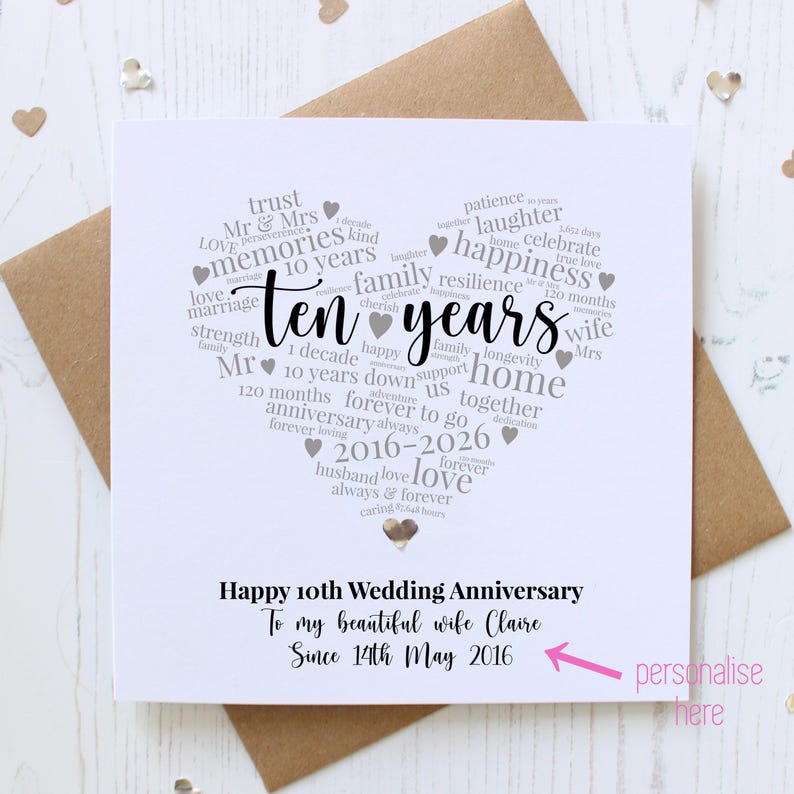 Personalised 10th Anniversary Card With Tin Heart for Husband, Wife ...