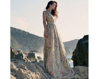 Embroidered Tulle Dress, Floral Wedding Dress, Floral Gown