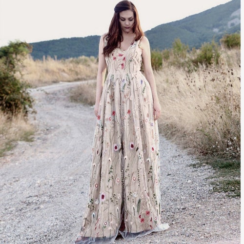 Embroidered Tulle Dress Floral Wedding Dress Floral Gown - Etsy