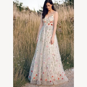 Strappy Floral Embroidered Dress, Floral Bridal Gown, Floral Wedding Dress