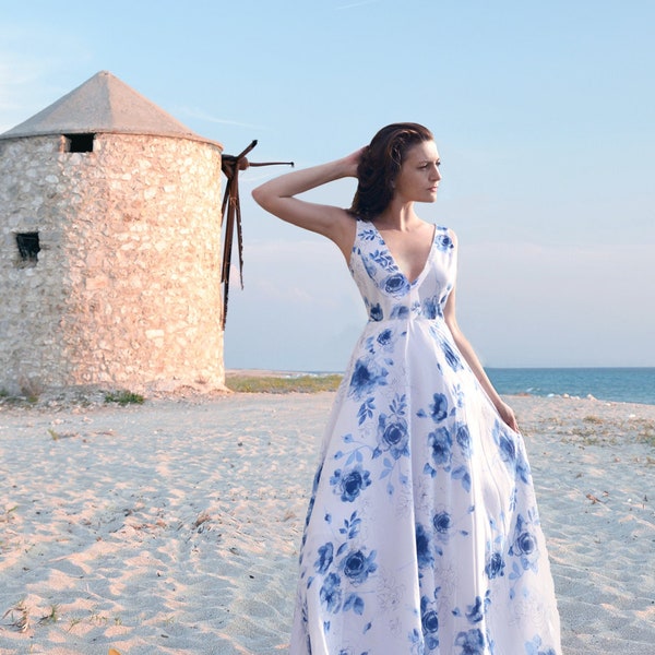 Vestido floral azul , Vestido de gasa de seda floral