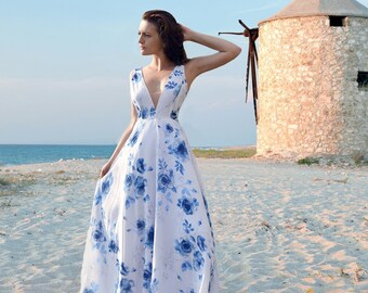 Womens Blue Floral Maxi Dress - Etsy