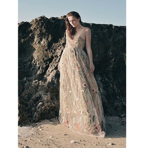 ALVA BEIGE Dress / Strappy Floral Embroidered Dress, Floral Bridal Gown, Floral Wedding Dress
