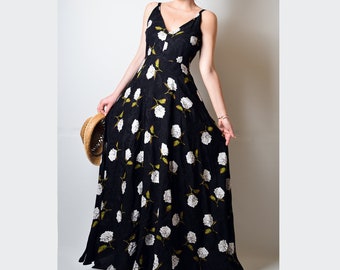 Black Floral Dress, Maxi Dress, Floral Gown, Custom made,  Summer Dress