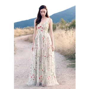 Embroidered Tulle Dress, Floral Wedding Dress, Garden Bridal Gown