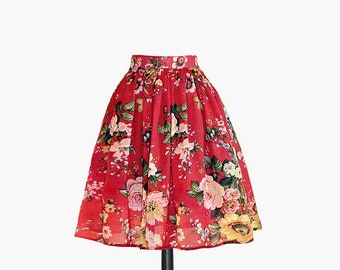 RED Floral Skirt, Midi Skirt, Cotton Skirt with Pockets